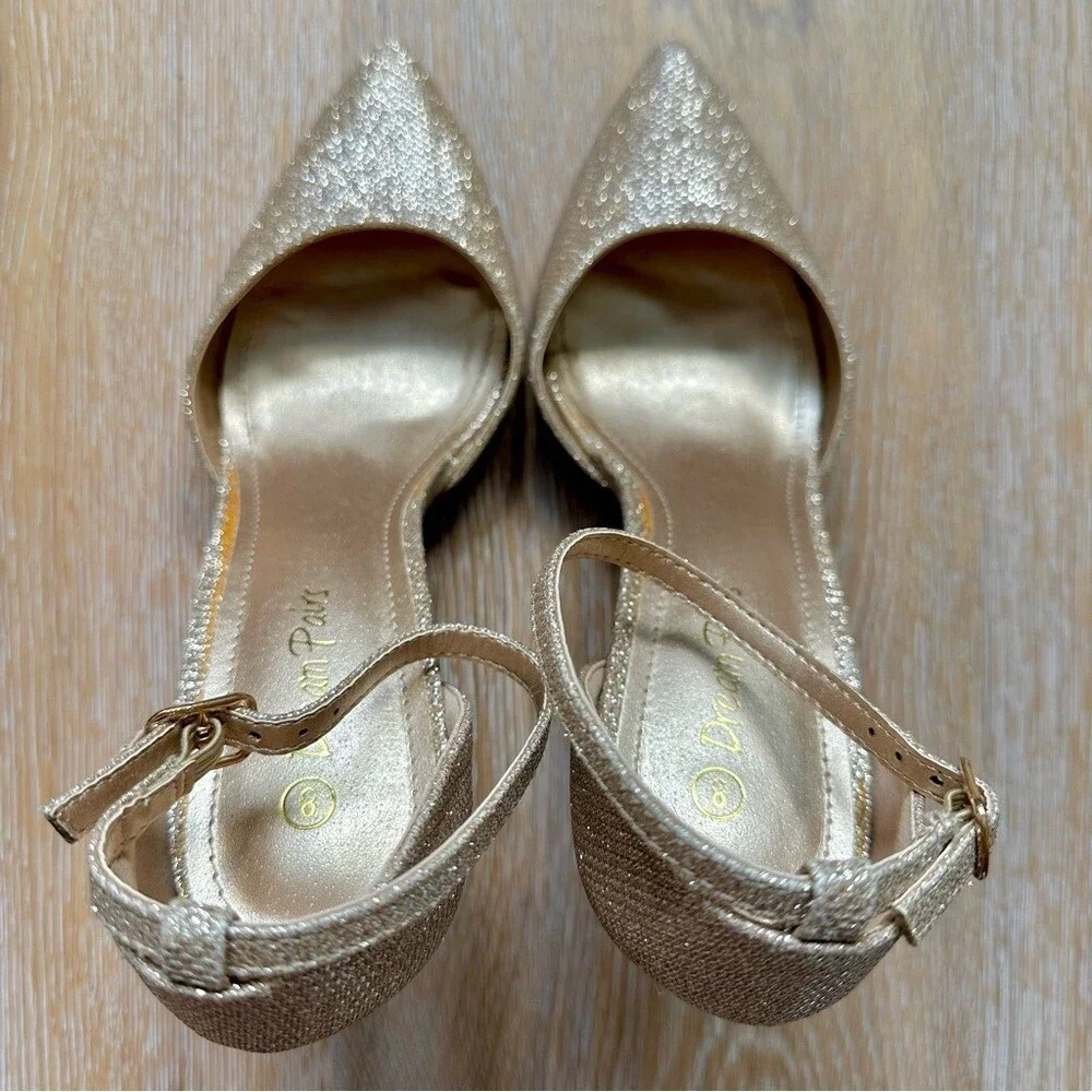 NWT Dream Pairs Gold Pumps Oppointed Lacey Pointed Toe Shoes w/Ankle Strap - 8